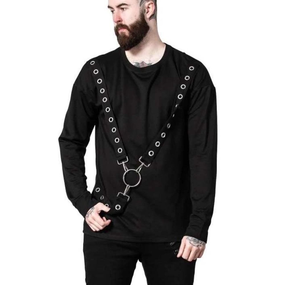 Killstar Ruckus Shirt Mens XS Black Long Sleeve Grommet O-Ring Goth Industrial